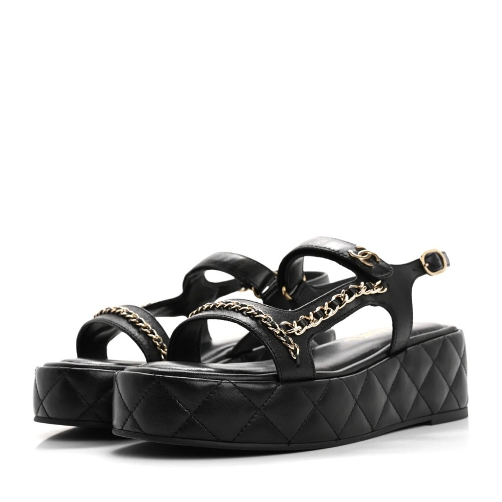 CHANEL Black Platform Sandal with Gold Chain Trim - Picture 8 of 12